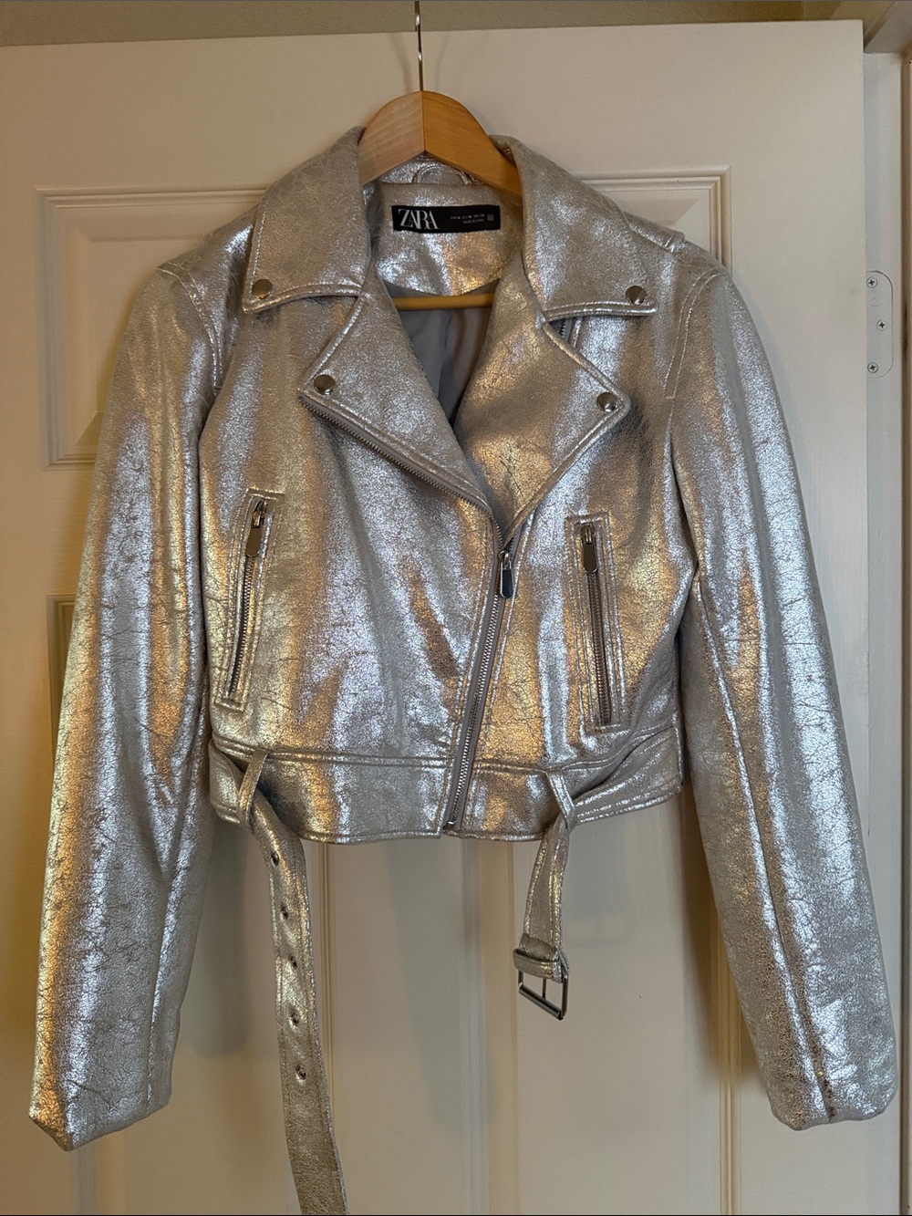Zara Faux Leather Metallic Silver Cropped Moto Jacket